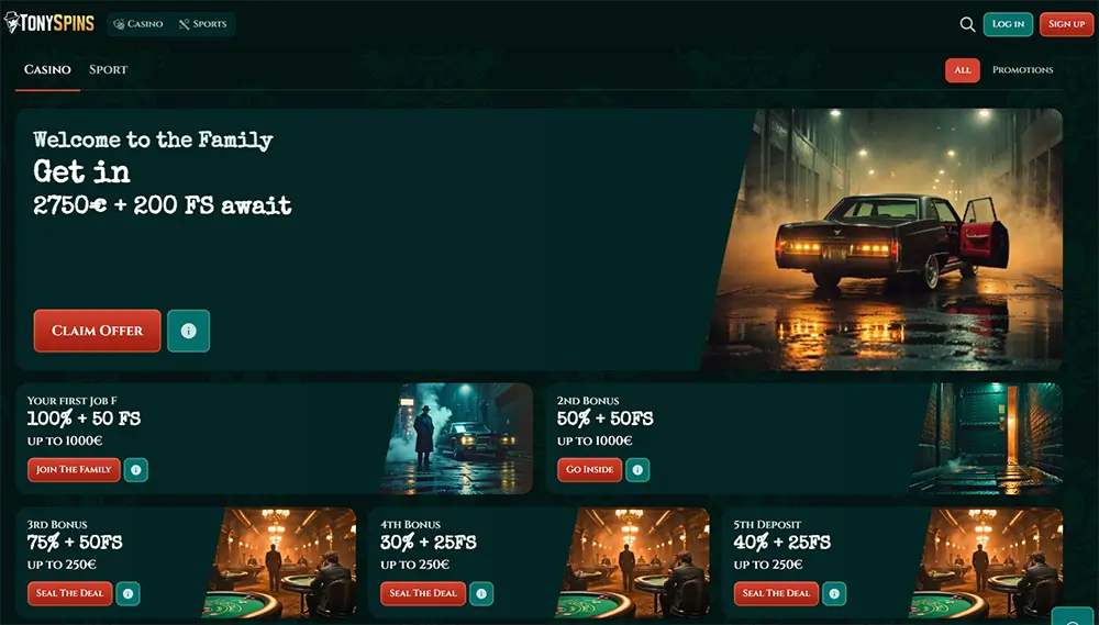 TonySpins Casino — Alle Bonussen en Promoties TonySpins Casino bonuspagina met vijf stortingsbonussen: 100% tot €1000 + 50 FS, 50% tot €1000 + 50 FS, 75% + 50 FS, 30% + 25 FS en 40% + 25 FS