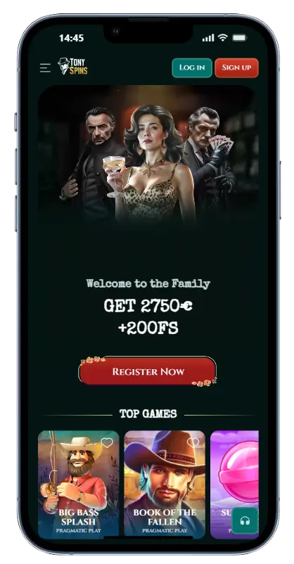 TonySpins Casino Mobiele App voor Smartphones TonySpins Casino mobiele app op een smartphone met een welkomstbonus van 2750€ en 200 gratis spins, met topspelen zoals Big Bass Splash en Book of the Fallen