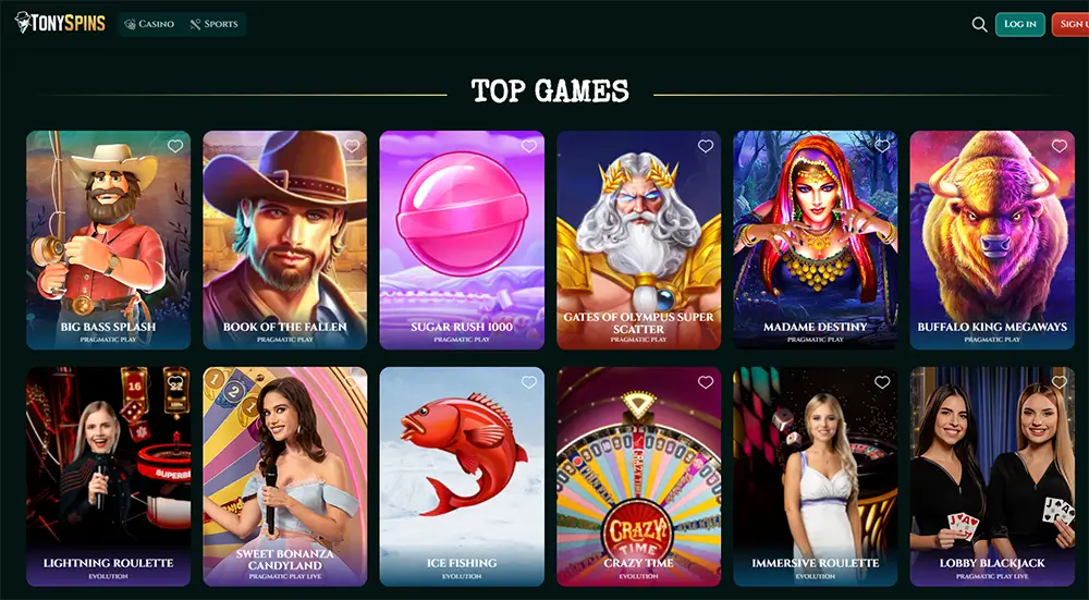 TonySpins Casino — Beste Slots en Live Casinospelen TonySpins Casino topspelen sectie met populaire slots zoals Gates of Olympus, Sugar Rush 1000, Buffalo King Megaways en live casinospelen zoals Crazy Time en Lightning Roulette