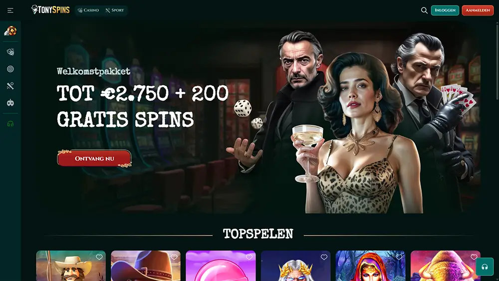 TonySpins Casino — Officiële Hoofdpagina TonySpins Casino welkomstpagina met een welkomstpakket van tot €2.750 en 200 gratis spins, met drie mysterieuze personages en een roulette op de achtergrond